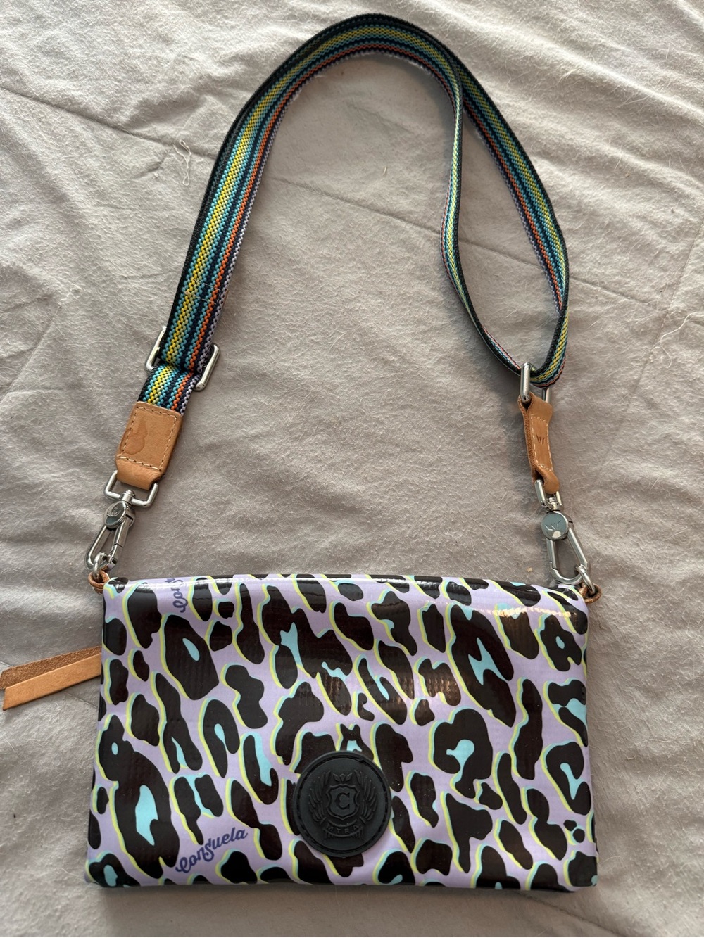 Consuela Multicolor Leopard Print Crossbody with Striped Strap